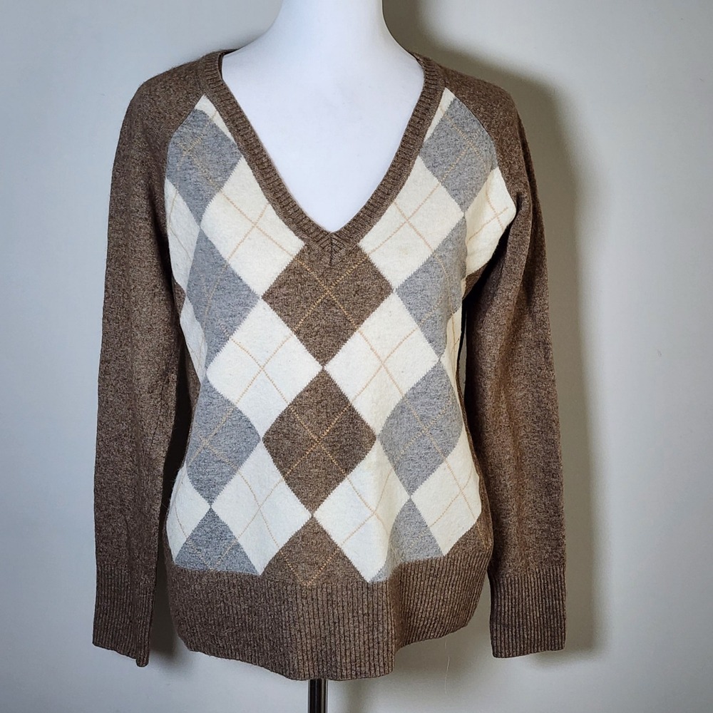 H&M Argyle V-Neck Sweater Womens Medium Brown Merino‎ Wool Angora Preppy Knit